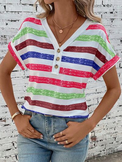 Striped V-Neck Short Sleeve T-Shirt