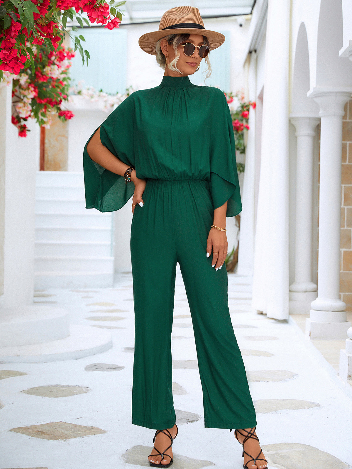 Tie Back Mock Neck Split Sleeve Jumpsuit