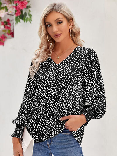 Printed V-Neck Lantern Sleeve Blouse