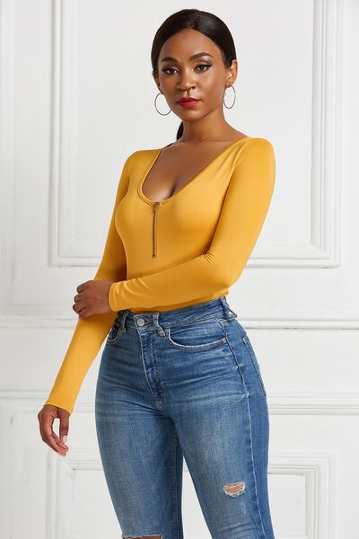 Half Zip Scoop Neck Long Sleeve Bodysuit